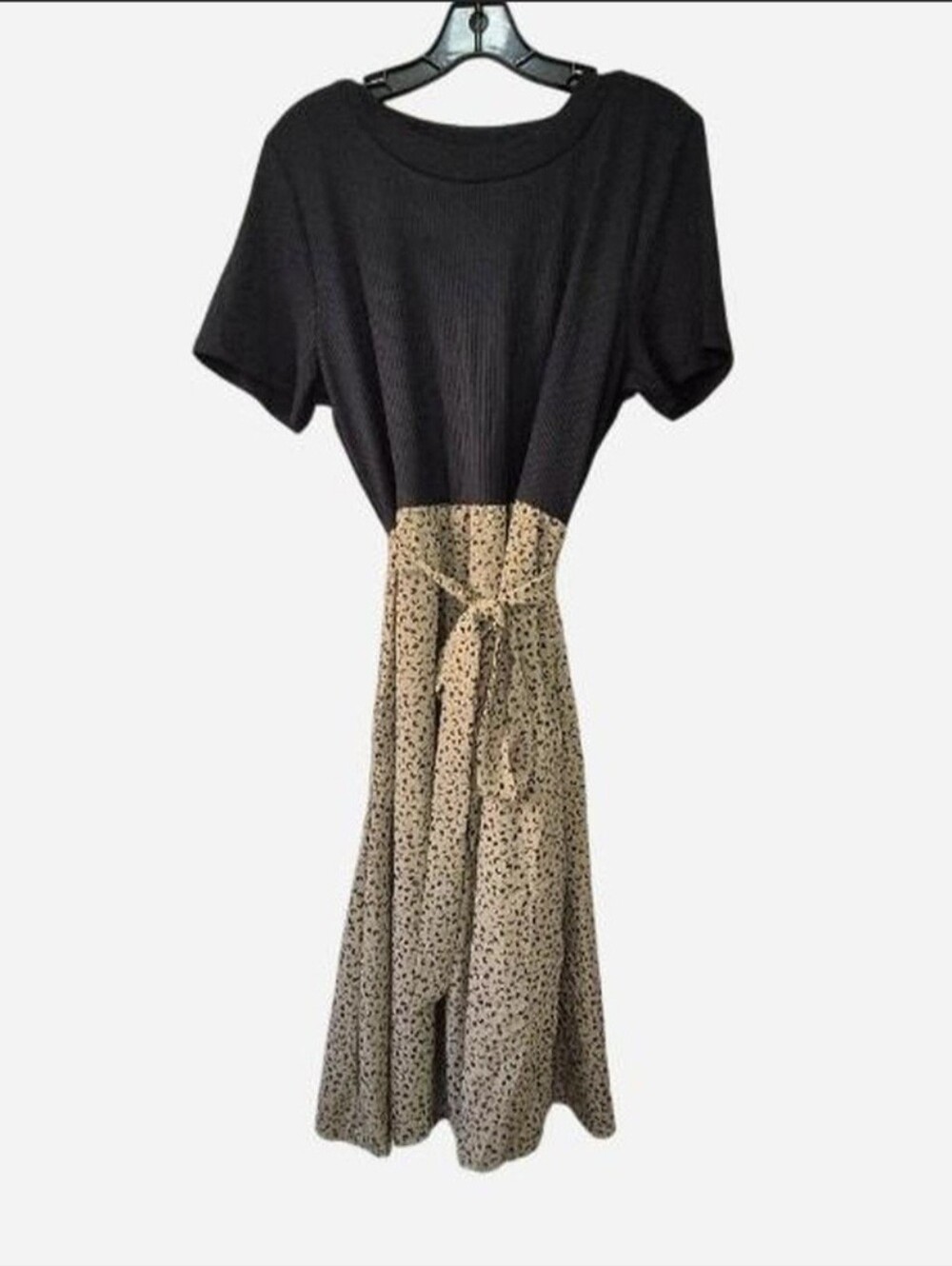 Black Top and Beige Print Midi Dress with Tie Waist